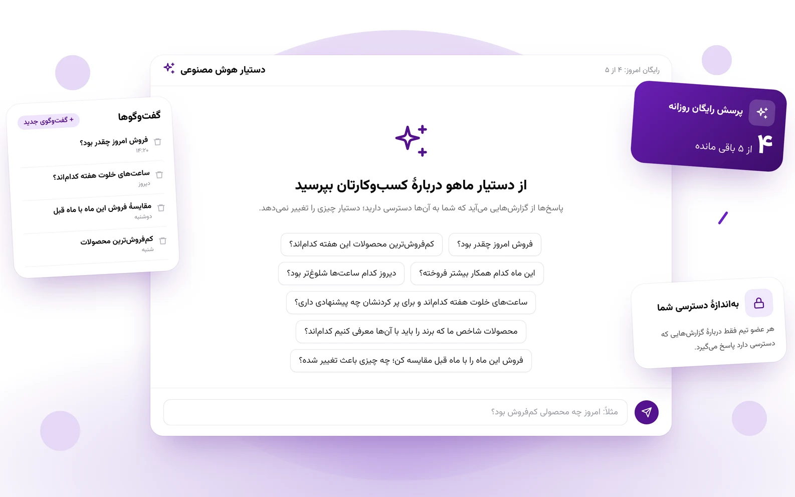 صفحهٔ دستیار هوش مصنوعی ماهو با پرسش‌های پیشنهادی و فهرست گفت‌وگوها
